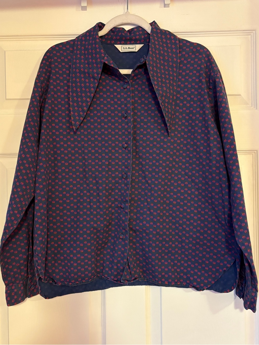 L.L. Bean Navy Button-Down Shirt with Pink Floral Microprint 100% Cotton